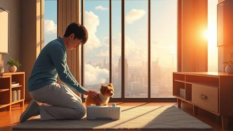 Como Escolher Lançador de Bolinha para Cão de Prédio 7 Homem configurando lançador de bolinha SKYTECH dentro de um apartamento para seu cão pequeno.