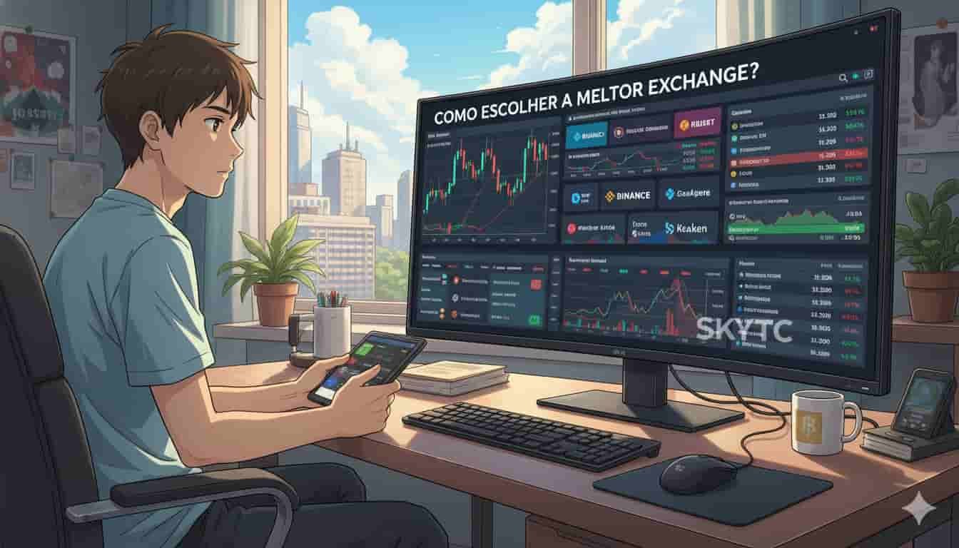 Como escolher a melhor exchange de criptomoedas agora 2 Homem jovem em estilo anime olhando para um monitor que exibe gráficos e informações de exchanges de criptomoedas, com a pergunta "Como escolher a melhor exchange?". O logo SKYTC está visível na tela.