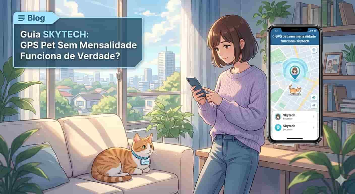 GPS pet sem mensalidade funciona de verdade? 8 Mulher com cachorro pequeno e dispositivo GPS da SKYTECH em estilo anime Makoto Shinkai.