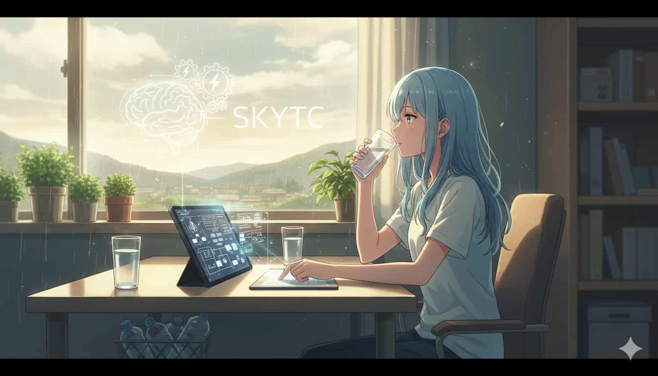 Como a Hidratação Impacta sua Velocidade de Raciocínio 5 ovem tomando água em casa, com tablet mostrando gráficos de raciocínio, e 'SKYTC' escrito. Ilustração de anime sobre hidratação.
