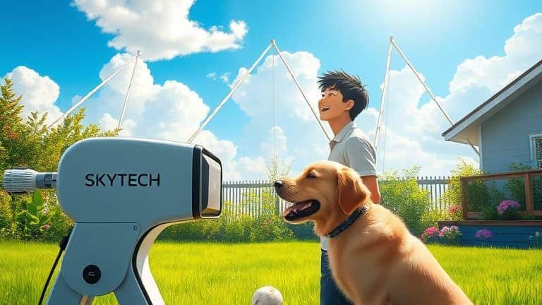 Lançador de Bolinha Automático Vale a Pena? Análise 1 Homem em jardim ensolarado usando lançador de bolinha automático SkyTech com seu cachorro estilo anime.