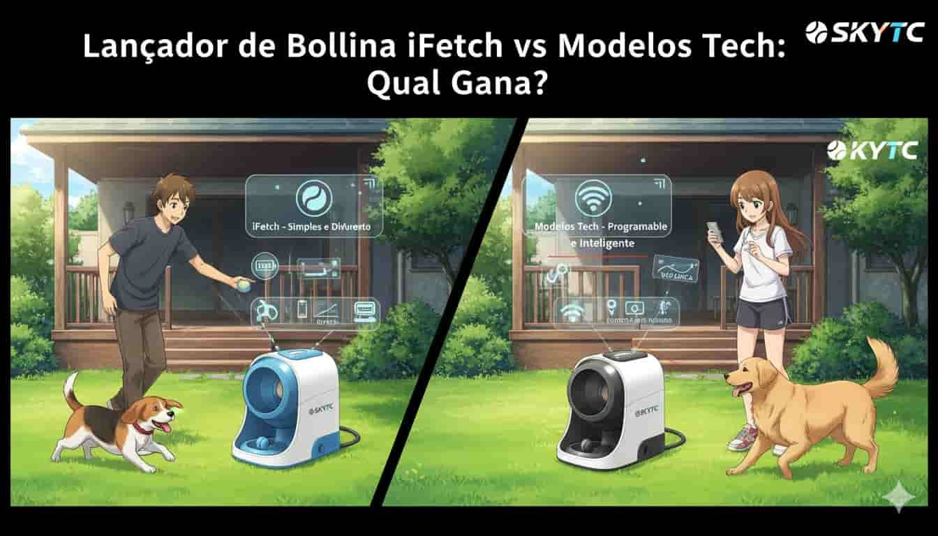 Comparativo em anime de homem com iFetch e mulher com lançador de bolinha tech SKYTC, ambos com seus cães e projeções de funções.