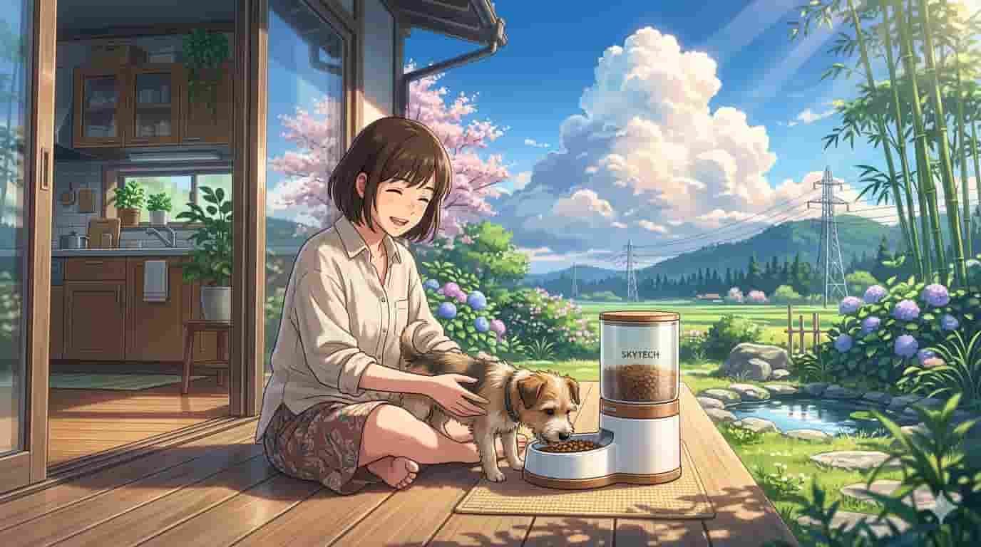 Melhor comedouro automático para cães pequenos 9 Cão de porte pequeno alimentando-se em um comedouro automático da SKYTECH em ambiente iluminado estilo anime.