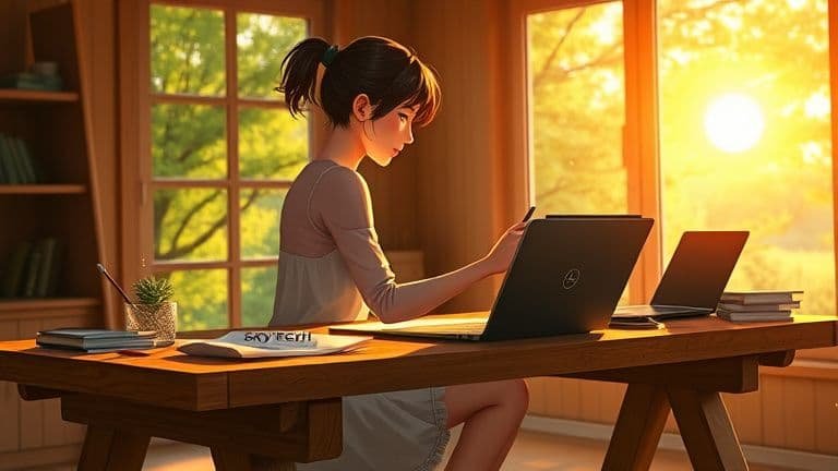 Mesa de cavalete vale a pena para trabalhar? 2 Mulher trabalhando em uma mesa de cavalete de madeira com a marca SKYTECH gravada, em um cenário de sítio estilo anime.