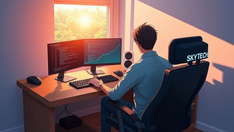 Homem trabalhando em mesa em L SkyTech em home office iluminado estilo anime Makoto Shinkai.
