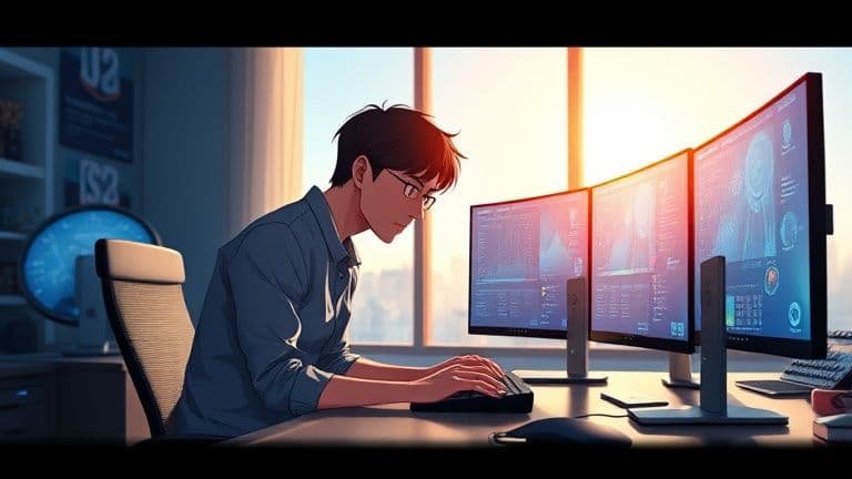 Monitor Ultrawide vs dois monitores: o que rende? 9 Homem comparando monitor Ultrawide e setup de dois monitores SkyTech em escritório estilo anime.