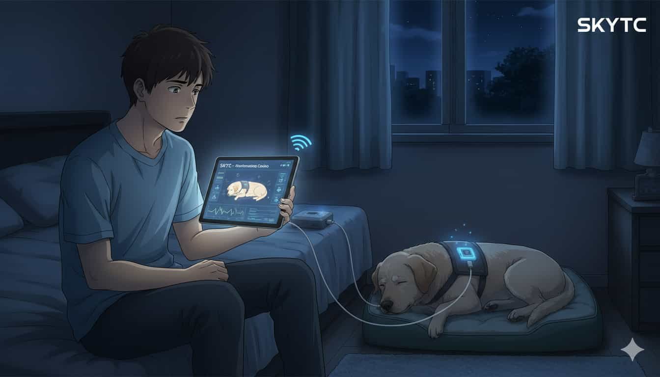 Homem em estilo anime monitorando a agitação noturna de seu cão idoso com tecnologia SKYTC, usando um tablet conectado a um dispositivo no animal.
