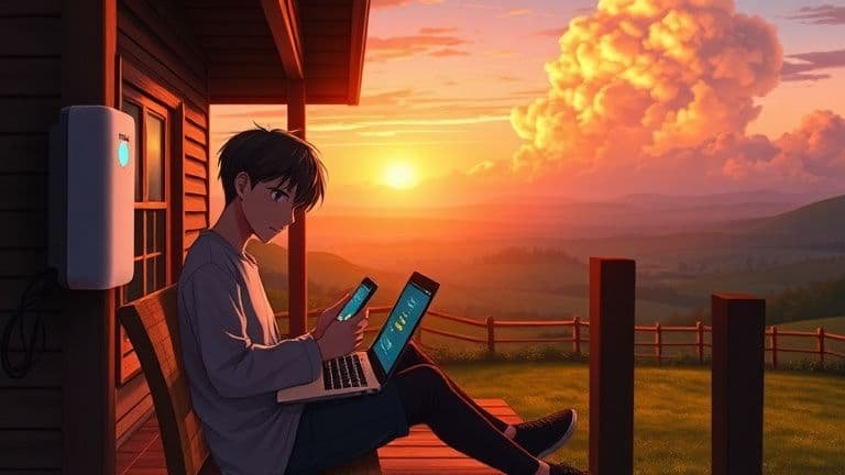 Notebook conecta no Wi-Fi mas não navega: causas e soluções 2 Homem em varanda de sítio com notebook que conecta no Wi-Fi mas não navega, usando roteador SKYTECH.