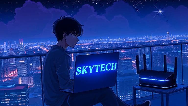 Notebook desconectando do Wi-Fi sozinho: como fixar 2 Homem em varanda noturna ajustando notebook SKYTECH que desconecta do Wi-Fi sozinho.