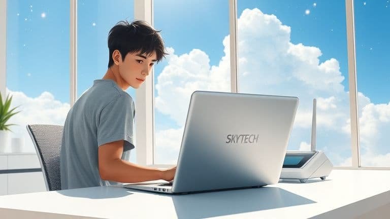 Notebook não enxerga rede 5Ghz: saiba o motivo 2 Homem em escritório ensolarado configurando notebook SKYTECH para rede 5GHz.
