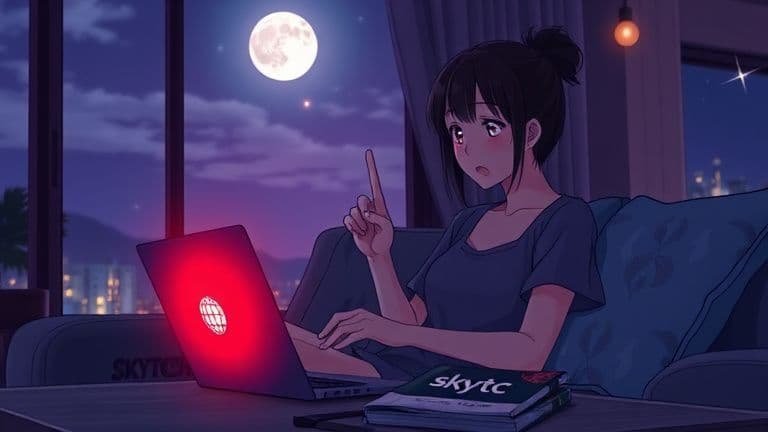 Mulher estilo anime frustrada com notebook SKYTECH sem sinal de Wi-Fi após atualizar o sistema.