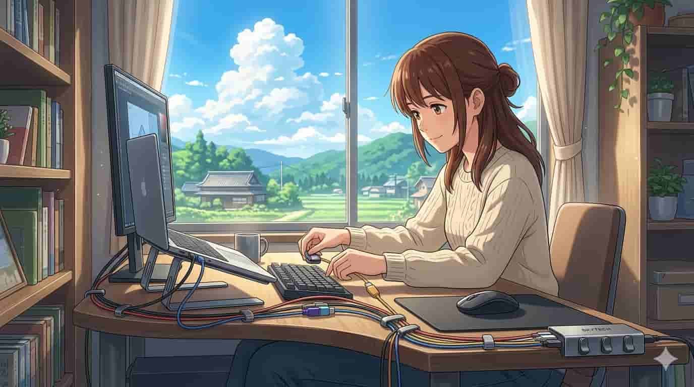 Uma pessoa organizando cabos coloridos em uma mesa de madeira com organizadores magnéticos da SkyTech, estilo anime Makoto Shinkai.