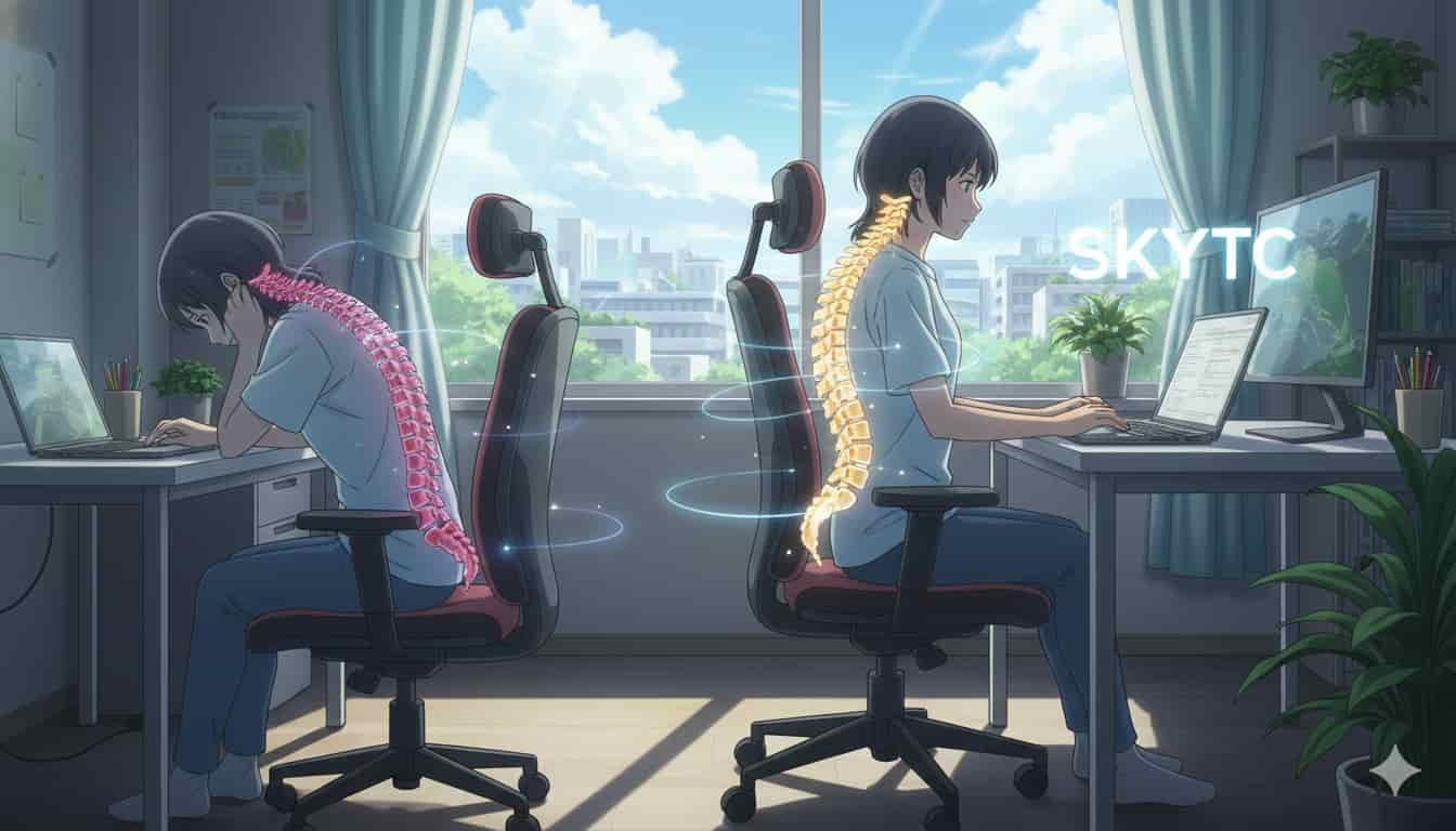 Como a Postura no Trabalho Afeta sua Coluna a Longo Prazo 5 Ilustração de anime comparando postura correta e incorreta no trabalho, com 'SKYTC' visível. Destaca impacto na coluna.