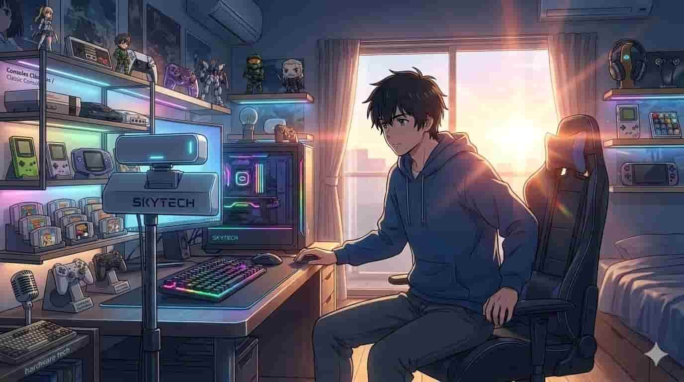 Como usar prateleiras para expor seus gadgets 9 Mulher organizando gadgets em prateleiras flutuantes SkyTech estilo anime Makoto Shinkai.
