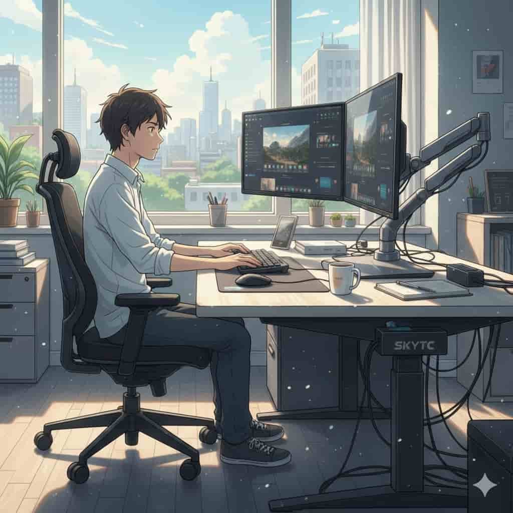 Jovem trabalhando em uma mesa espaçosa com dois monitores e braços articulados, em um escritório moderno com vista para a cidade, com a marca SKYTC na mesa.