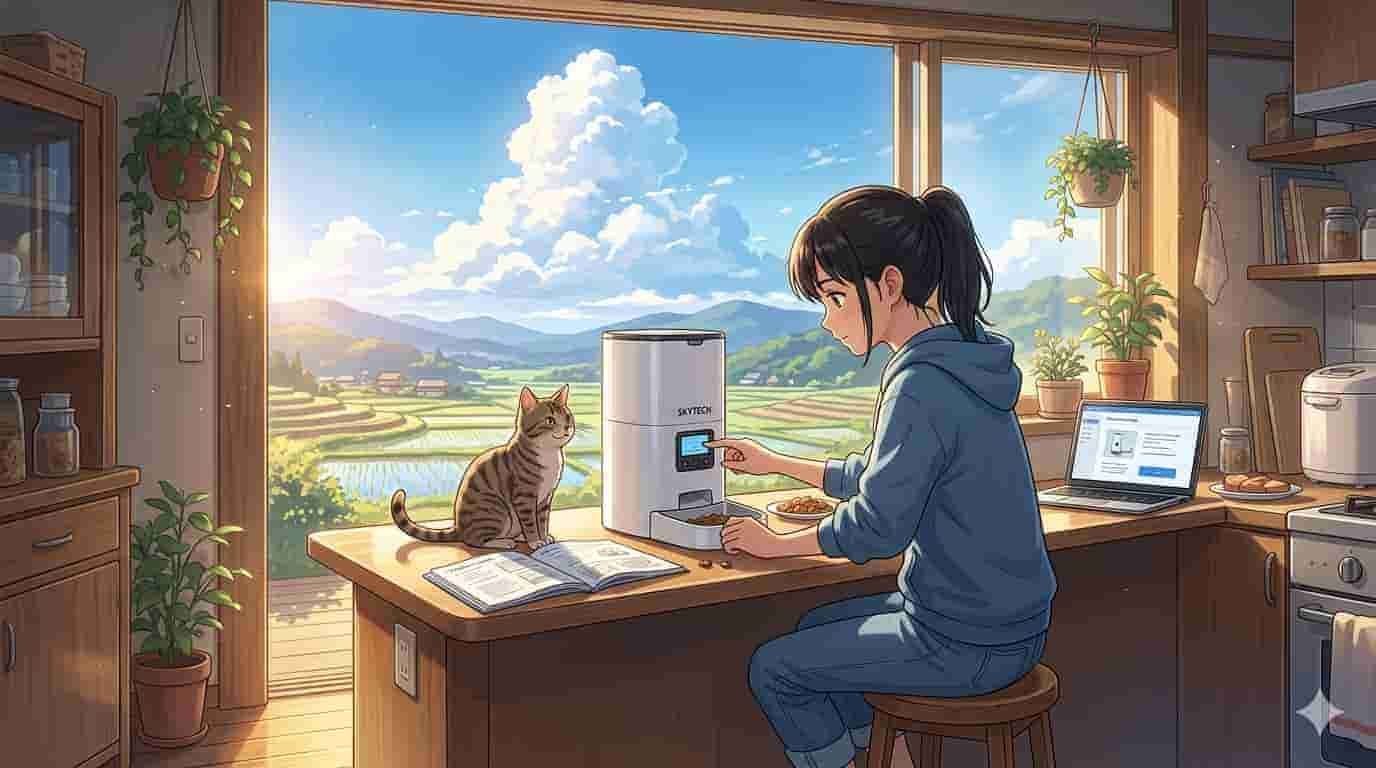 Como programar horários no comedouro digital 3 Pessoa configurando horários em comedouro digital SkyTech estilo anime Makoto Shinkai.
