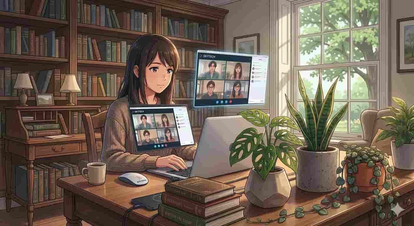 Regra 20-20-20: como salvar sua visão no monitor 2 Pessoa em um escritório estilo anime Makoto Shinkai fazendo uma pausa e olhando para longe da tela, com o nome SkyTech visível.