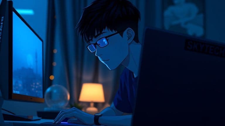 Homem em um quarto estilo anime colocando capa de proteção em webcam com logo SKYTECH iluminado ao fundo.