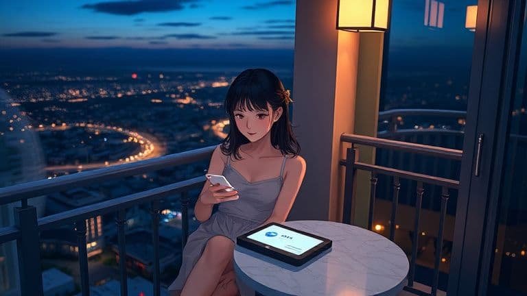 Mulher em uma varanda estilo anime usando app de corretora internacional com selo de segurança SKYTECH.