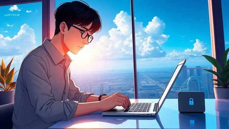 Segurança para nômades digitais: como proteger dados 2 Homem nômade digital protegendo dados em laptop com logo SKYTECH visível.
