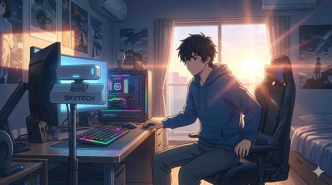 Sensor de presença no setup: economia de luz para o seu bolso 2 Homem saindo de um setup gamer com sensor de presença SkyTech desligando as luzes, estilo anime Makoto Shinkai.
