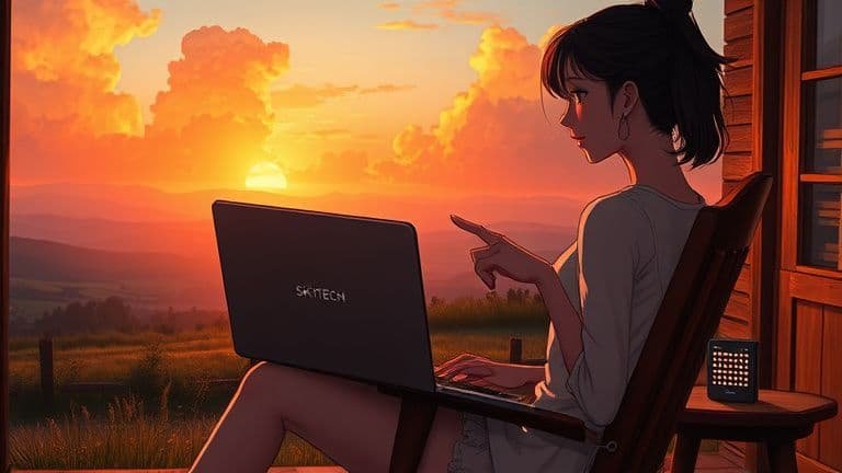 Mulher em varanda de sítio usando notebook SKYTECH e repetidor de sinal para melhorar Wi-Fi