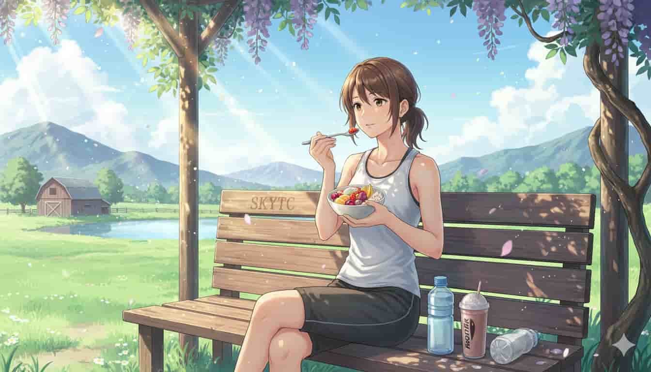 O que Comer após Treino de Alta Intensidade 7 Jovem mulher comendo frutas e aveia em banco com "SKYTC" visível, após treino intenso.