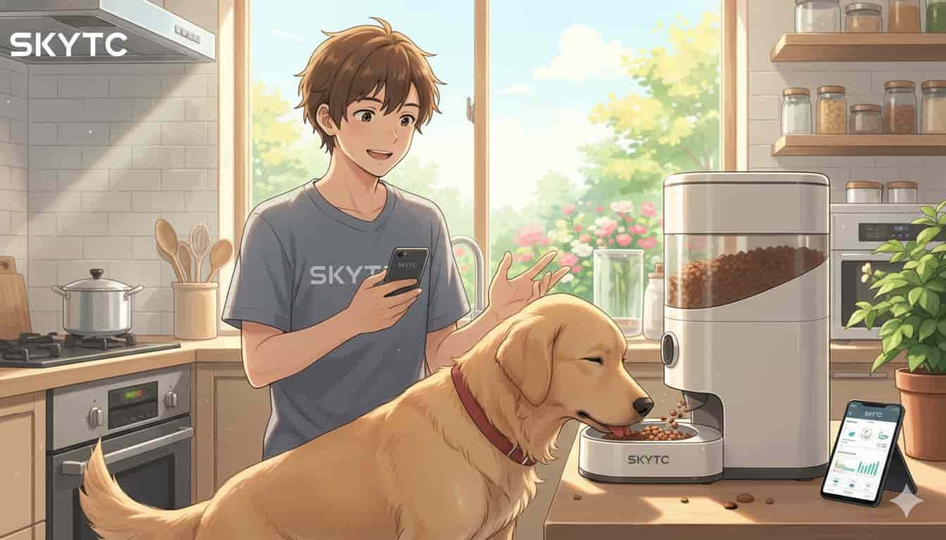 Alimentador automático para cães que comem rápido 10 Jovem feliz observando golden retriever usando alimentador automático SKYTC, que dispensa comida lentamente para cães que comem rápido, em uma cozinha iluminada.