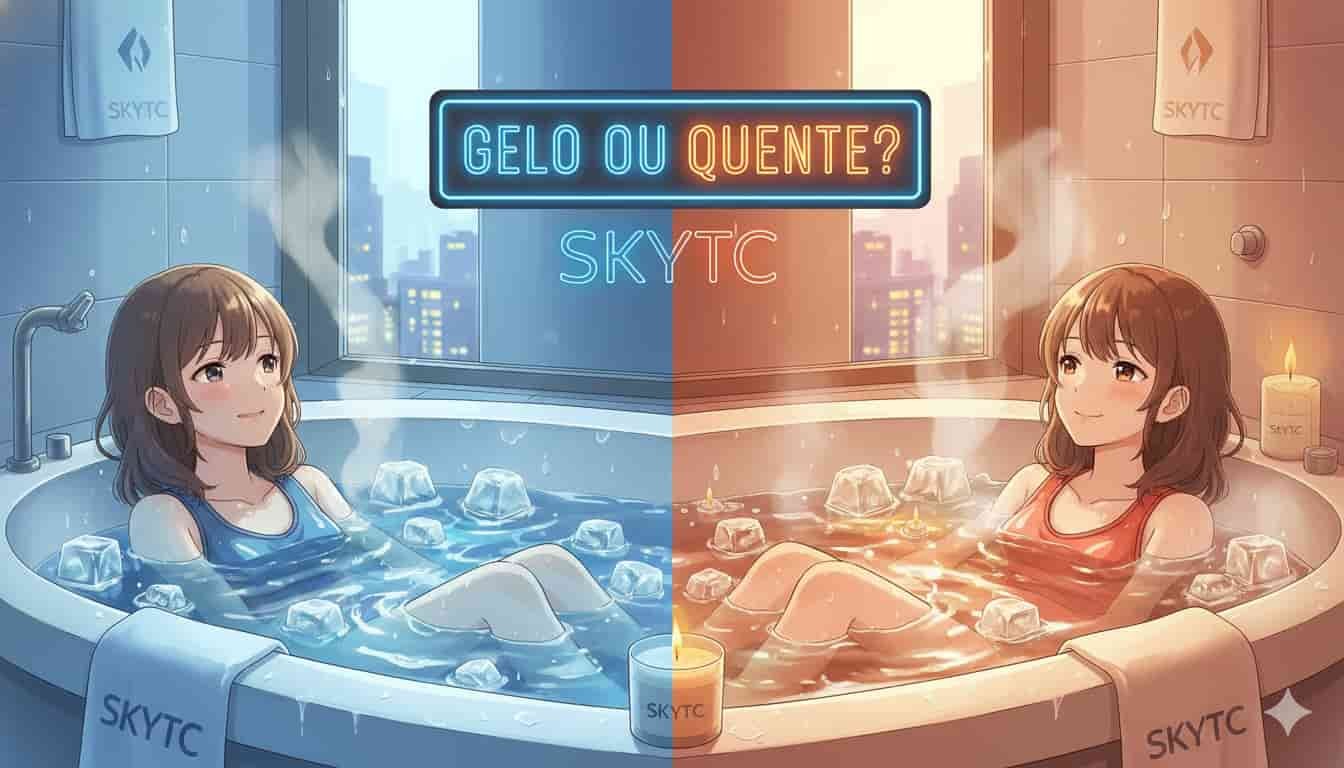 Banho de Gelo ou Quente para Dor Muscular? 5 Mulher em banheira SKYTC, lado esquerdo com gelo (azul), lado direito com água quente (laranja), neon "Gelo ou Quente?".