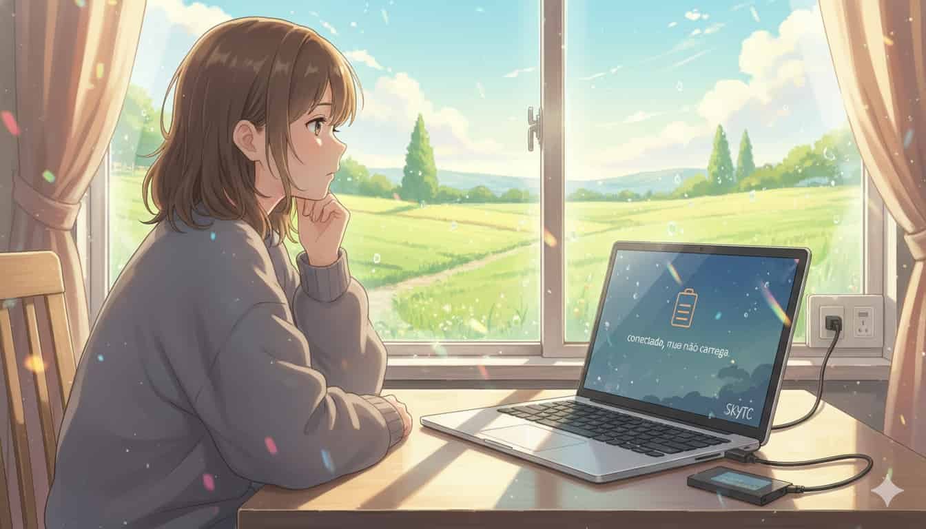 Uma jovem pensativa olha pela janela enquanto seu notebook SKYTC exibe a mensagem "conectado, mas não carrega" na tela, refletindo o problema de bateria.