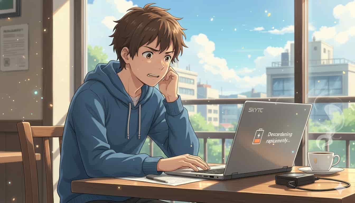 Bateria de notebook descarrega muito rápido: causas 2 Jovem frustrado olhando para seu notebook SKYTC que exibe uma mensagem de bateria descarregando rapidamente, em um café.