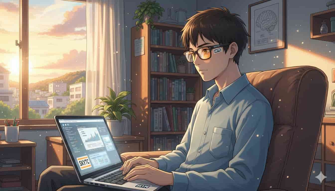Benefícios dos Óculos Blue Blocker para o Cérebro 10 Jovem usando óculos Blue Blocker enquanto trabalha no notebook em casa, ilustração estilo Makoto Shinkai, SKYTC