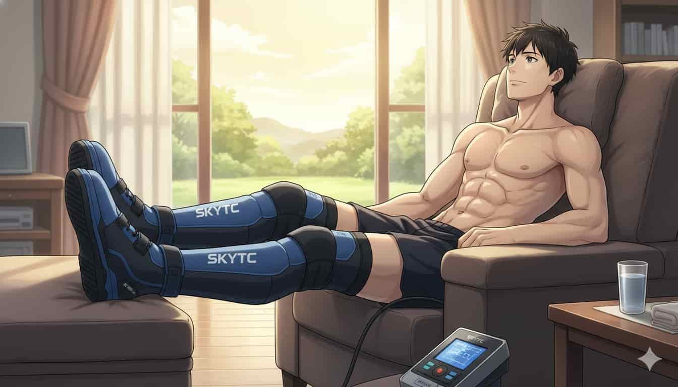 Benefícios da Bota de Compressão no Recovery 10 Um atleta de físico musculoso, sem camisa, relaxando em uma poltrona confortável com suas pernas estendidas e usando botas de compressão azuis em um ambiente claro e ensolarado. O logo "SKYTC" está visível nas botas e no dispositivo de controle ao lado.