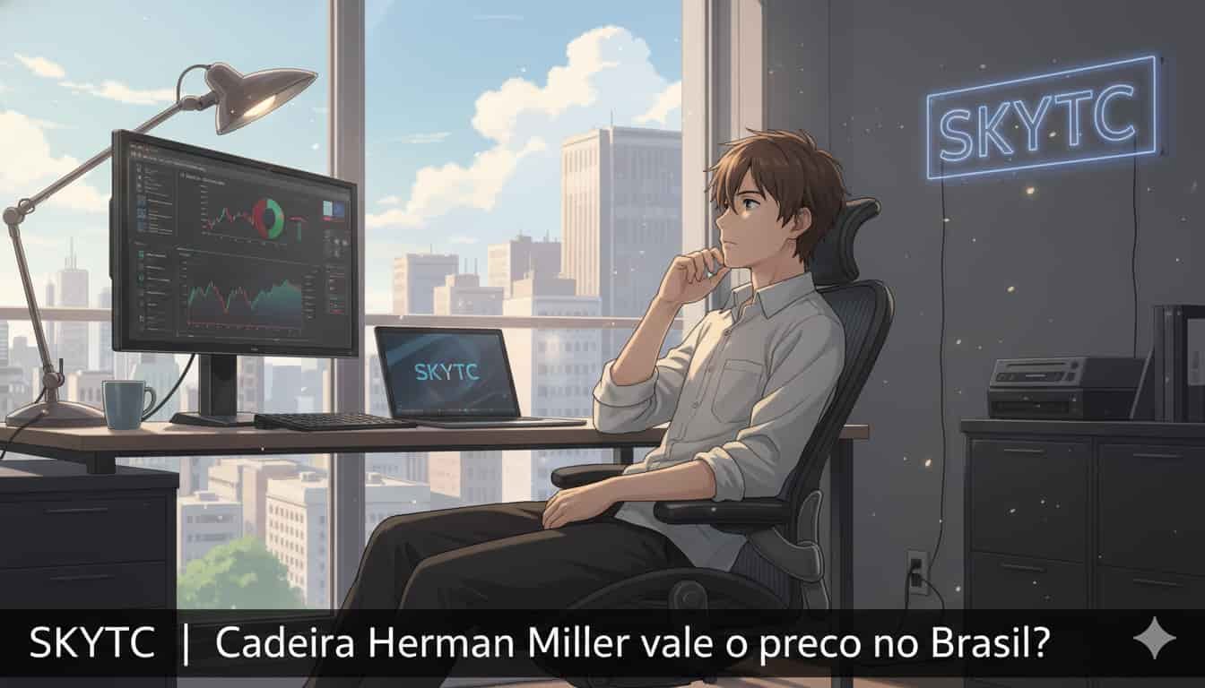 Cadeira Herman Miller vale o preço no Brasil? 2 Um homem em estilo anime Makoto Shinkai, sentado em uma cadeira Herman Miller em um escritório moderno com vista para a cidade, contemplando um monitor com gráficos, e o logo SKYTC em neon e no notebook.