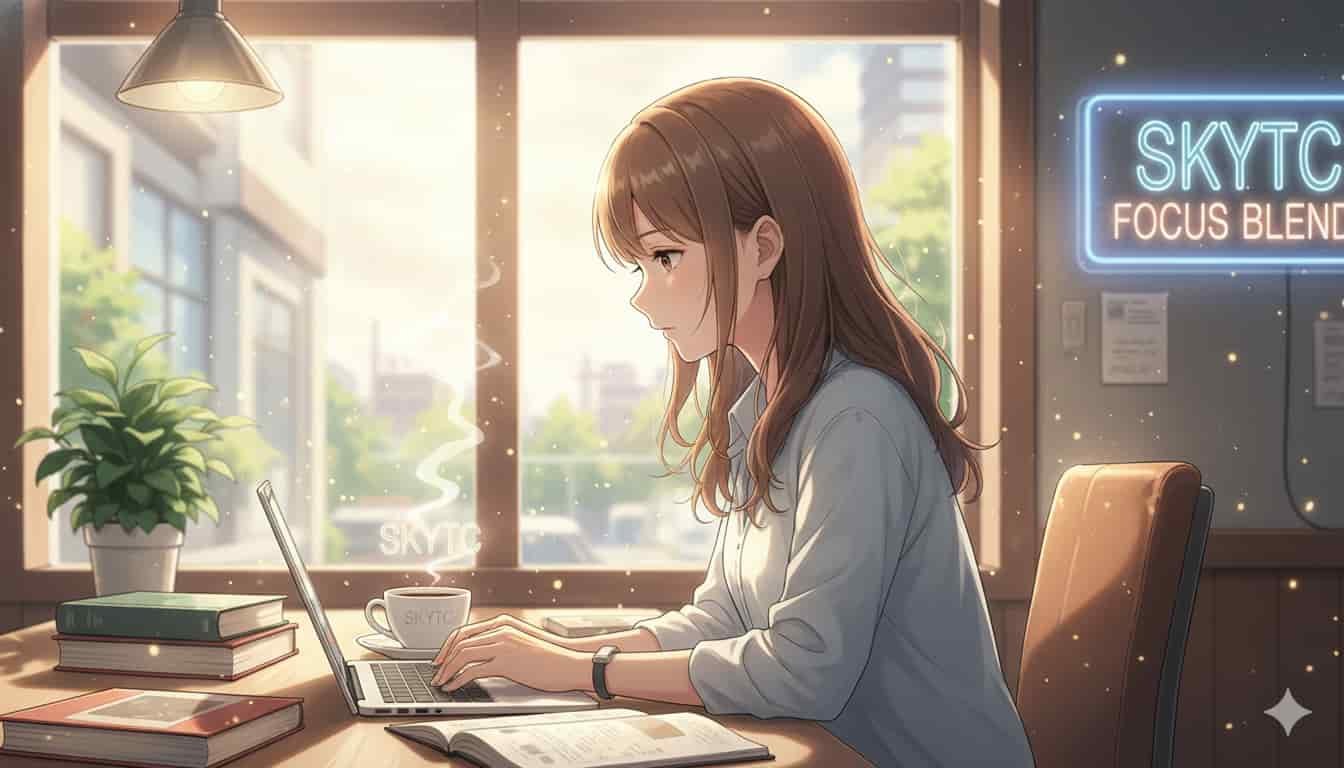 Como a Cafeína com L-Teanina Otimiza sua Atenção 7 Mulher focada em laptop com xícara SKYTC, néon "SKYTC Focus Blend", ilustrando otimização da atenção com cafeína e L-Teanina.