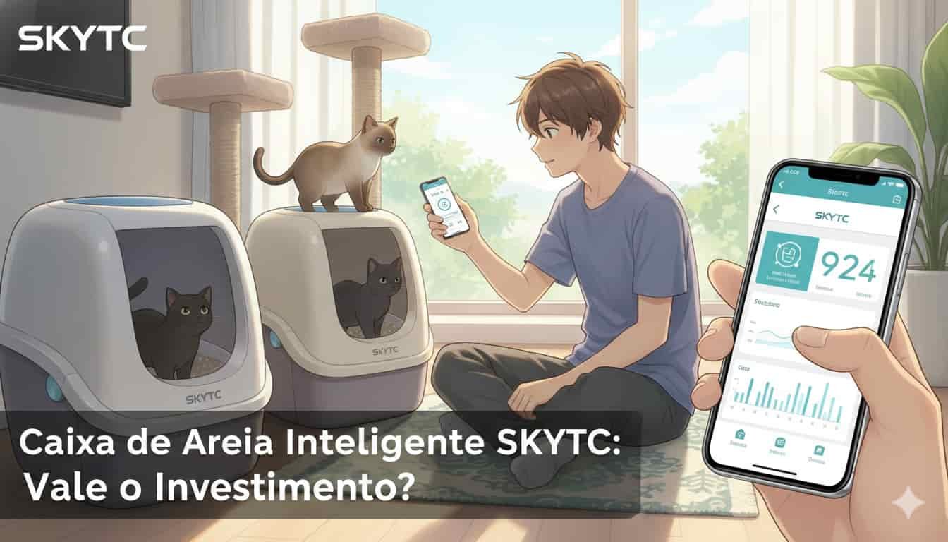 Jovem em casa com gatos, usando app SKYTC para monitorar caixas de areia inteligentes, questionando o investimento.