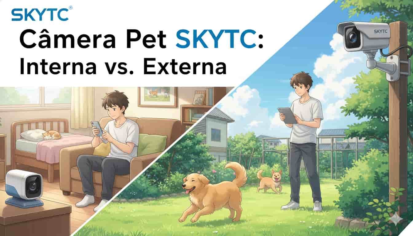 Jovem com câmera pet interna e cão dormindo, e jovem com câmera pet externa e cães brincando. Comparativo de câmeras pet SKYTC.