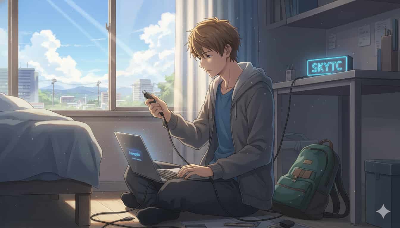 Carregador de notebook com mau contato: como agir 2 Homem jovem em estilo anime de Makoto Shinkai tentando consertar carregador de notebook com mau contato, com logo SKYTC neon no quarto.