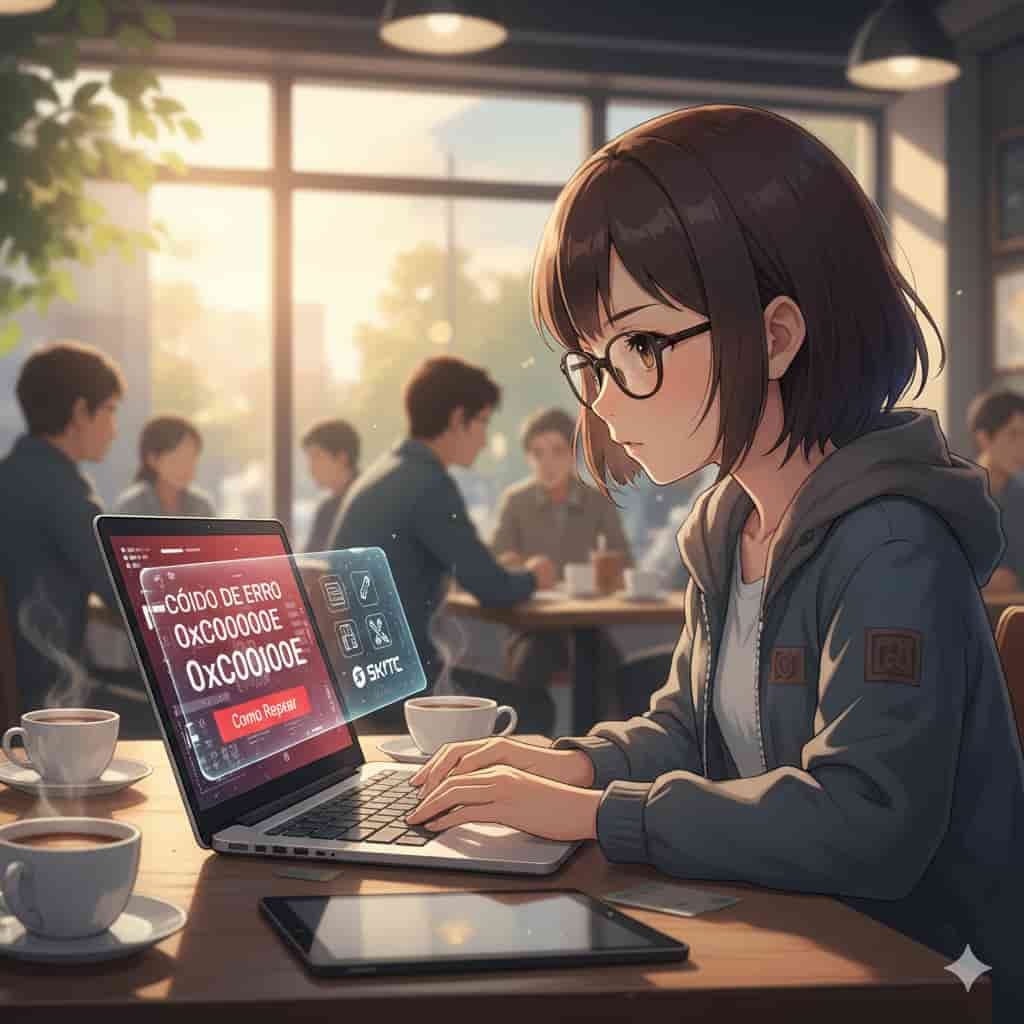 Código de erro 0xc00000e no notebook: como reparar 2 Uma jovem em estilo anime de Makoto Shinkai em um café, concentrada em seu notebook exibindo o "CÓDIGO DE ERRO 0XC00000E" e a opção "Como Reparar", com o logo "SKYTC" visível.
