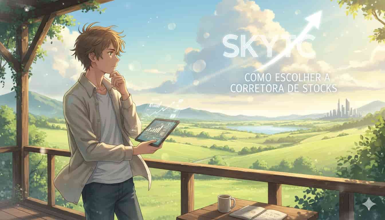 Jovem pensativo em varanda, com tablet exibindo gráficos de stocks, e texto "SKYTC: Como Escolher a Melhor Corretora para Stocks" no céu, estilo anime Makoto Shinkai.