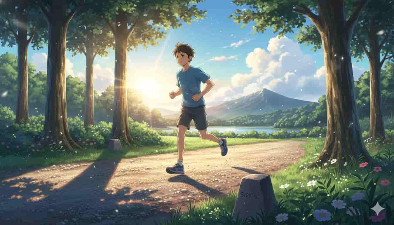 Como o Impacto da Corrida Fortalece seus Ossos 9 Jovem correndo em trilha arborizada com montanha e lago ao fundo, dia ensolarado, ilustração estilo Makoto Shinkai, SKYTC