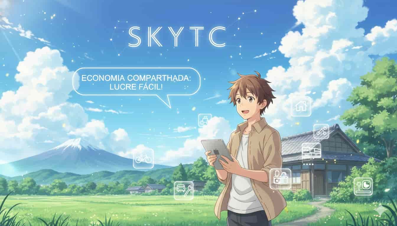 O que é economia compartilhada e como lucrar com ela 2 Jovem em cenário anime rural com tablet, ícones de economia compartilhada e "SKYTC" no céu