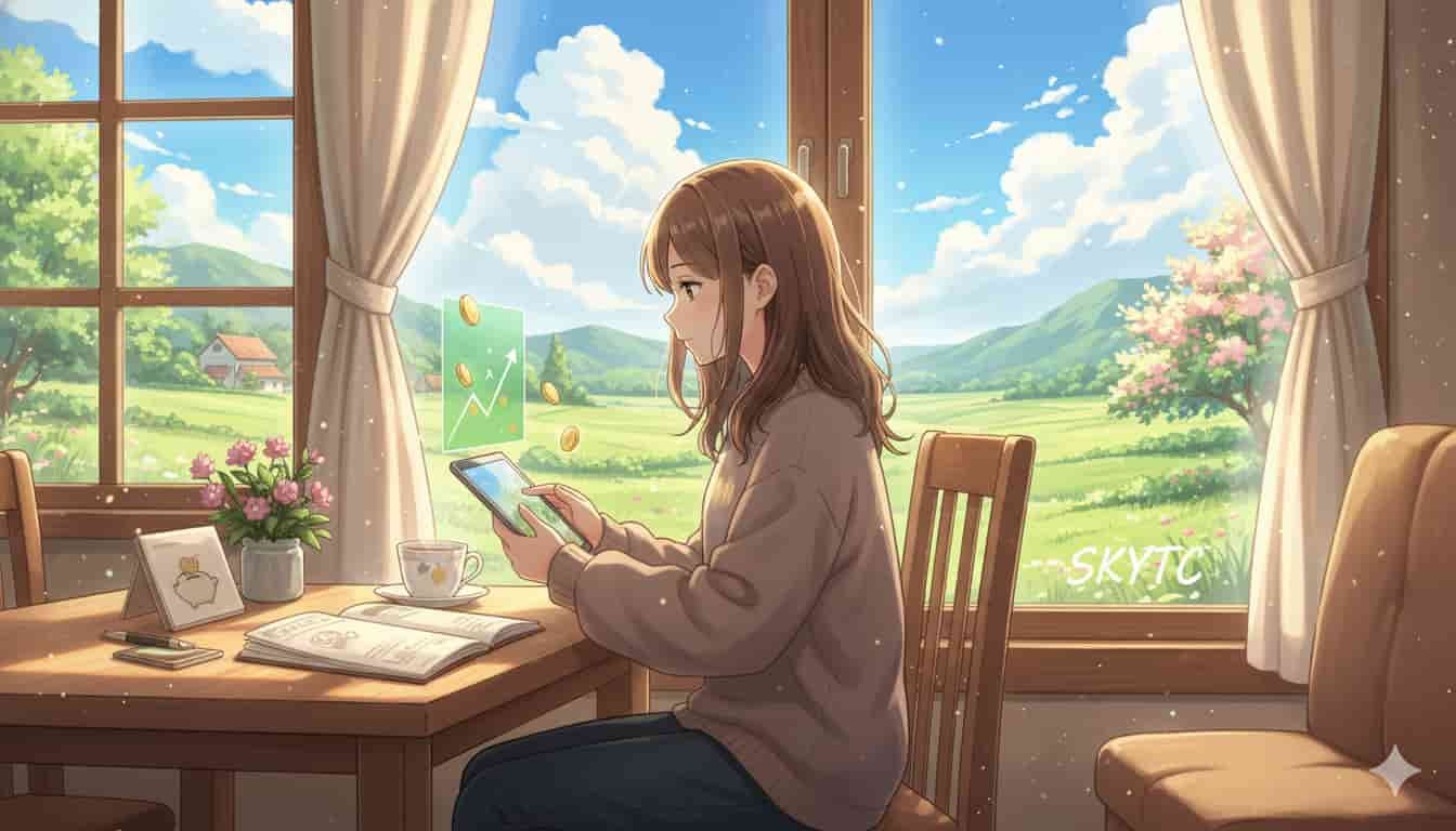 Uma jovem em estilo anime de Makoto Shinkai, sentada à mesa em uma casa de campo, usando um tablet para gerenciar finanças com gráficos de economia e moedas flutuando, enquanto "SKYTC" aparece na janela.