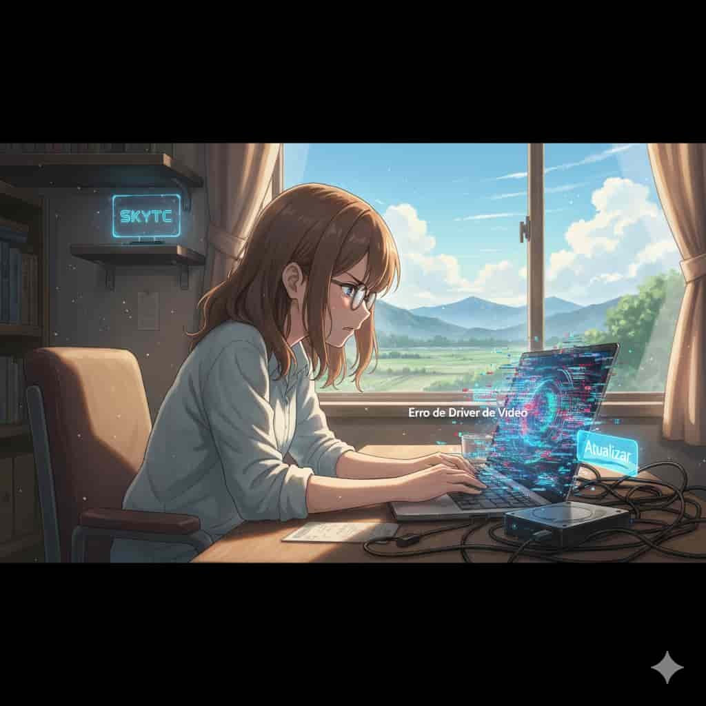 Uma jovem em estilo anime de Makoto Shinkai tentando resolver um erro de driver de vídeo em seu notebook, com as palavras "Erro de Driver de Vídeo" e "Atualizar" na tela e "SKYTC" visível ao fundo.