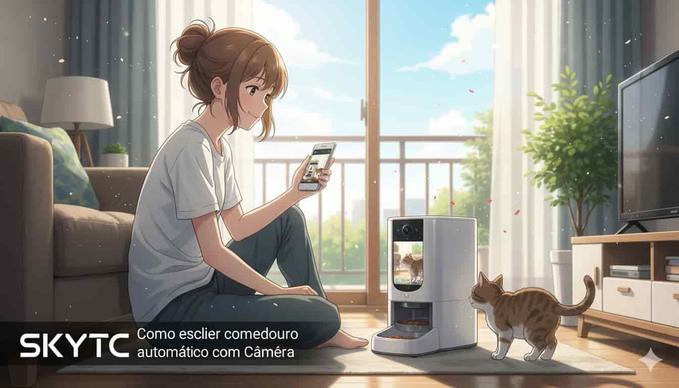 Como escolher comedouro automático com câmera 2 Uma jovem em estilo anime Makoto Shinkai, sentada no chão de sua sala, observando um comedouro automático com câmera e interagindo com um aplicativo no celular, enquanto um gato se aproxima, com o logo SKYTC.