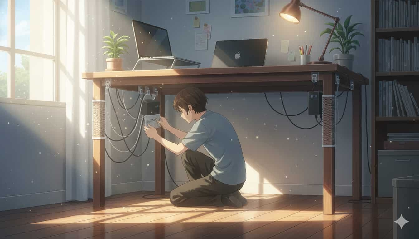 Como esconder a fonte do notebook na mesa 2 Ilustração anime SKYTC: pessoa organizando cabos de fonte de notebook sob uma mesa, inspirada em Makoto Shinkai.