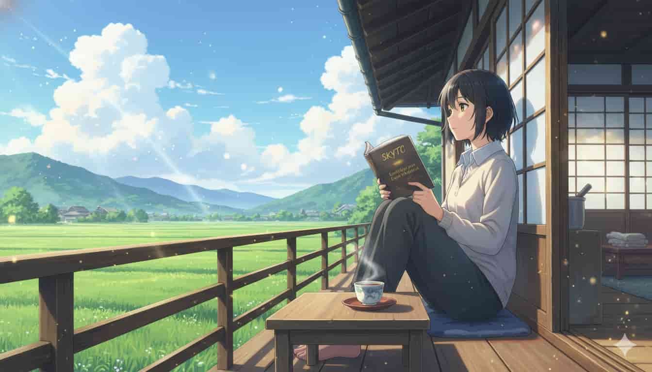 Melhores Estratégias para Evitar o Esgoto Mental? 2 Mulher lendo livro SKYTC sobre estratégias para evitar esgoto mental em varanda com paisagem de campo ensolarada, estilo anime.