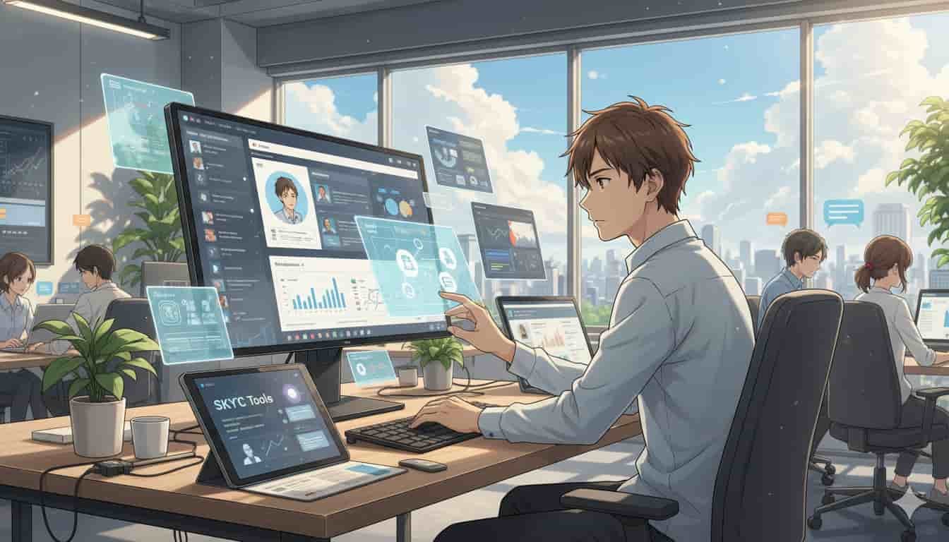 Como escolher as melhores ferramentas de gestão de time 2 Homem usando ferramentas de gestão de time SKYTC em um escritório moderno estilo anime.