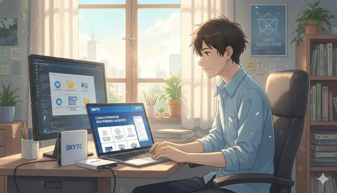 Como formatar notebook sem perder os arquivos 2 Jovem formatando notebook com SKYTC, protegendo seus arquivos importantes.