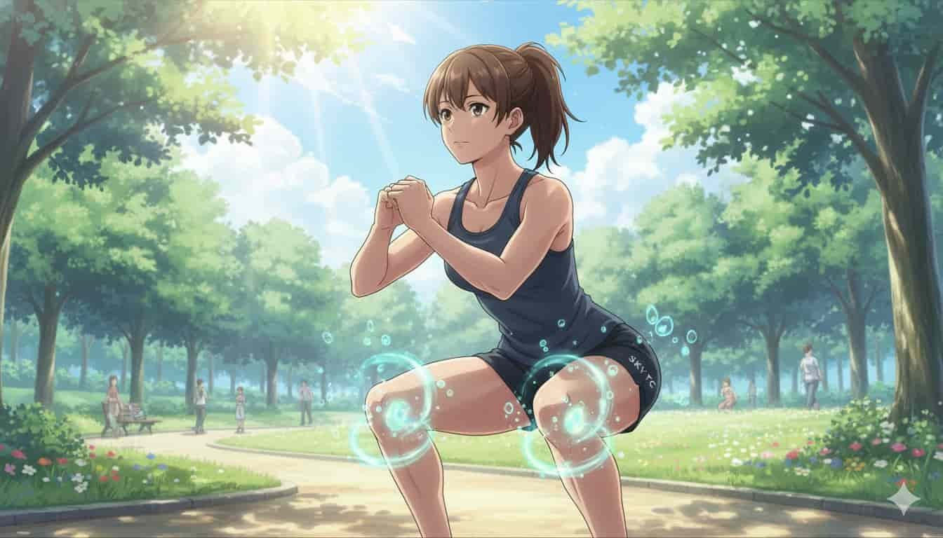 Benefícios do Fortalecimento Muscular para as Juntas 8 Uma jovem com cabelo preso, vestindo roupas de ginástica, realizando um agachamento em um parque ensolarado. Luzes e círculos energéticos azuis brilham ao redor de suas pernas e joelhos, simbolizando o fortalecimento das juntas. O logo "SKYTC" está visível em sua bermuda.